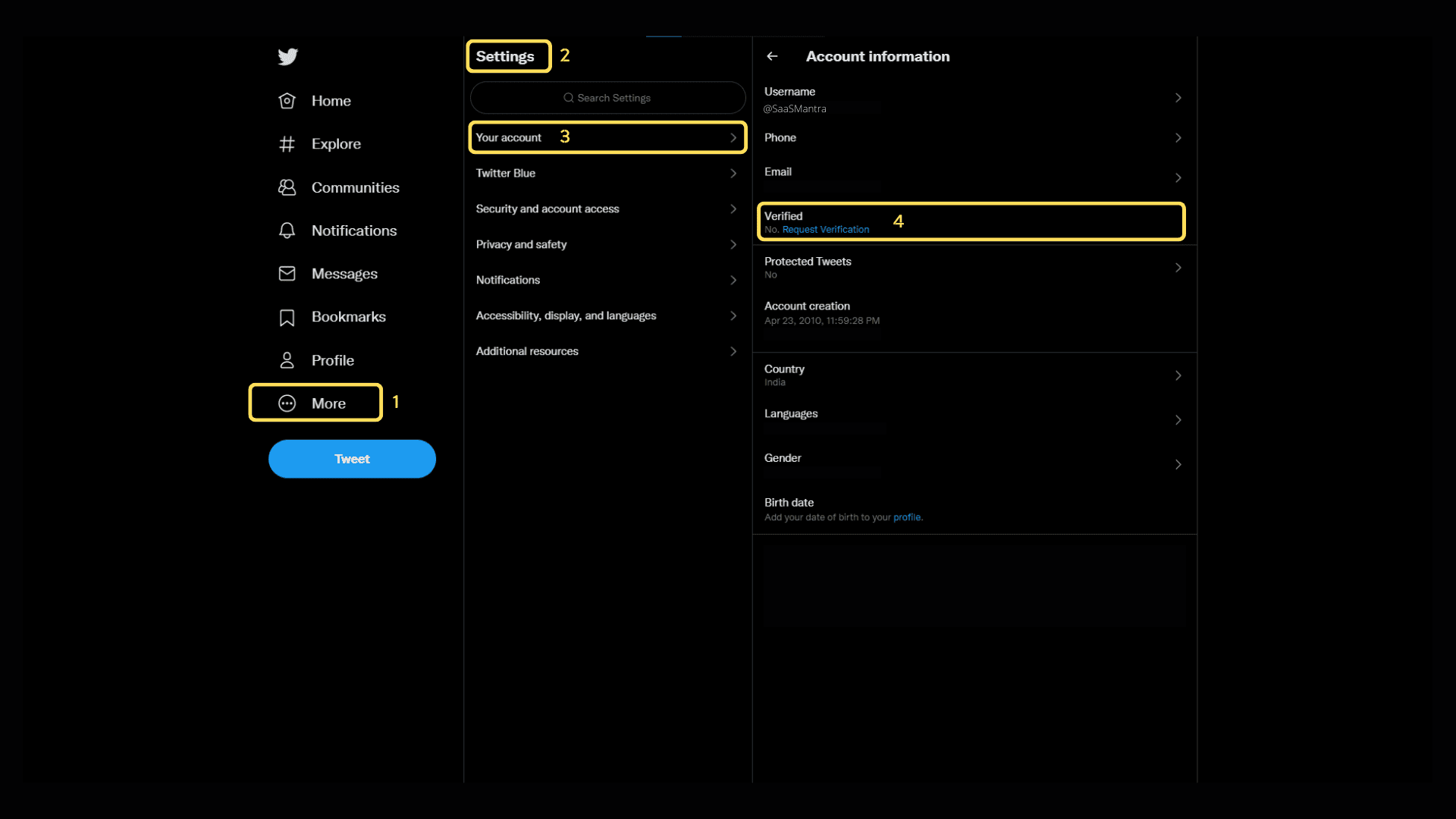 screenshot of Twitter Account Information section with navigation steps highlighted