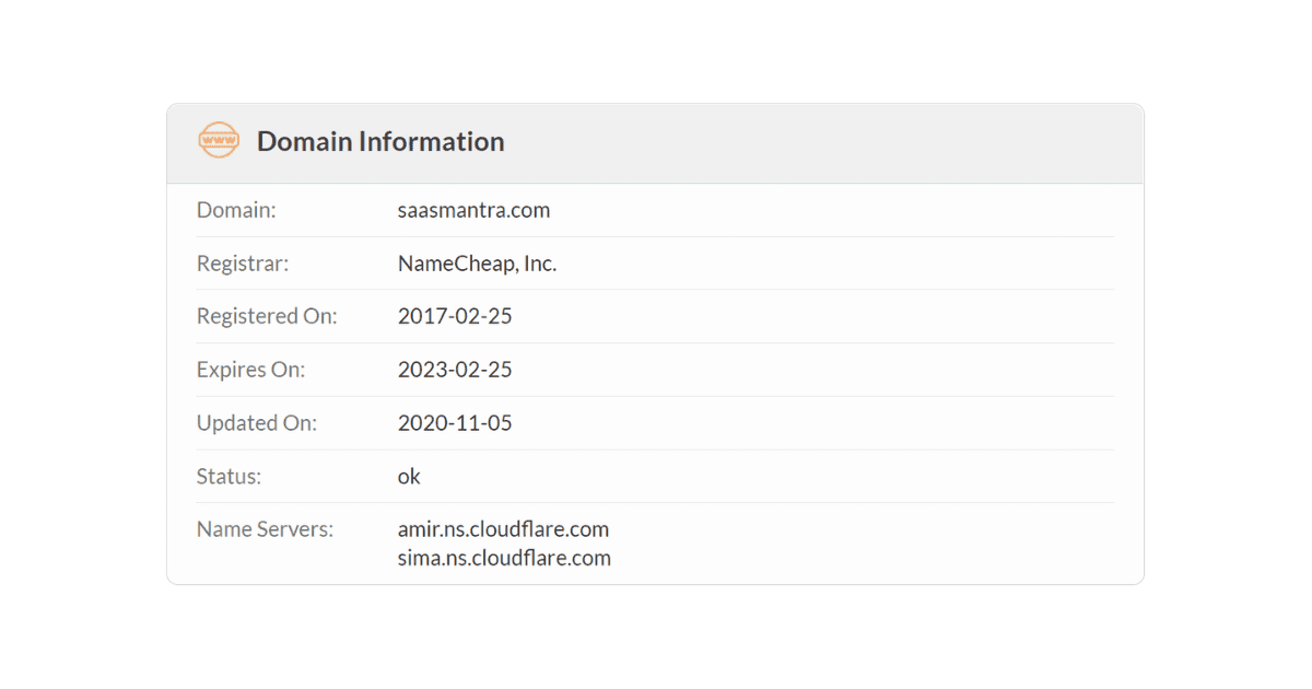 Whois lookup screen showing the registration and expiry date of saasmantra.com domain