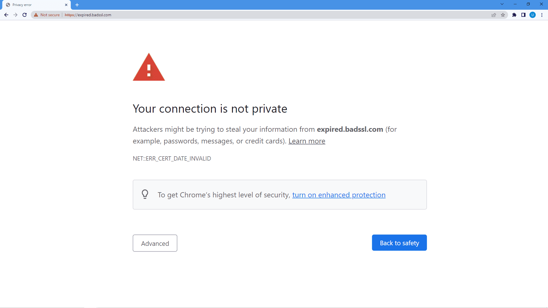 Privacy warning for expired SSL certificate on Chrome browser
