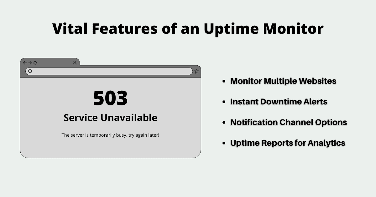A 503 status code screen illustration with a list of vital features of a website uptime monitor on the right.