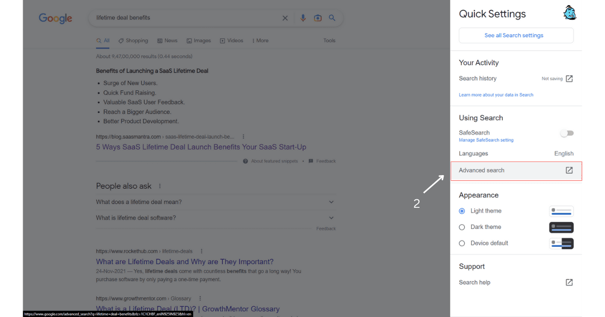 Snapshot of Google Search settings screen